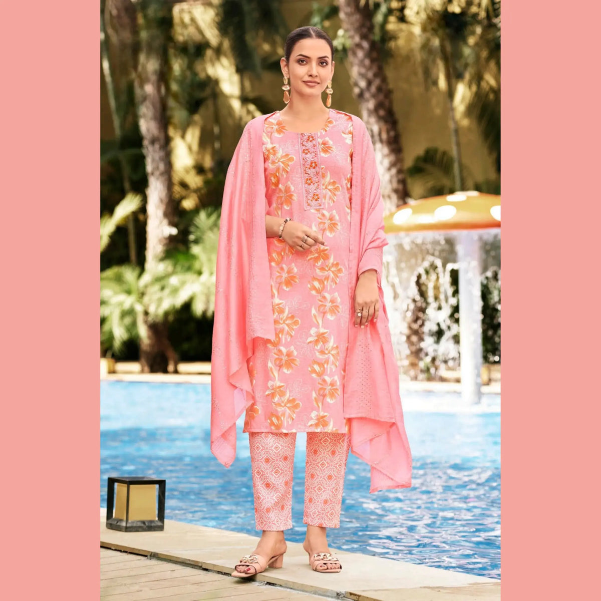 Coral Pink Floral Salwar Suit with Embroidered Front Panel & Sequence Work Dupatta  - Rashmika - GR265