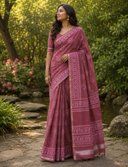 Cotton Printed Saree with Zari Border - Mangalya6106B