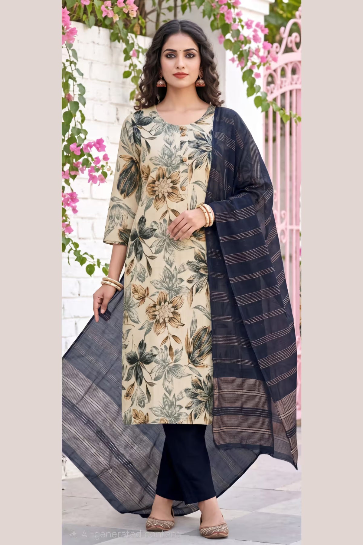 Cream Floral Printed Kurta with Navy Blue Pant & Striped Dupatta for Women | Bavis Clothing Main image