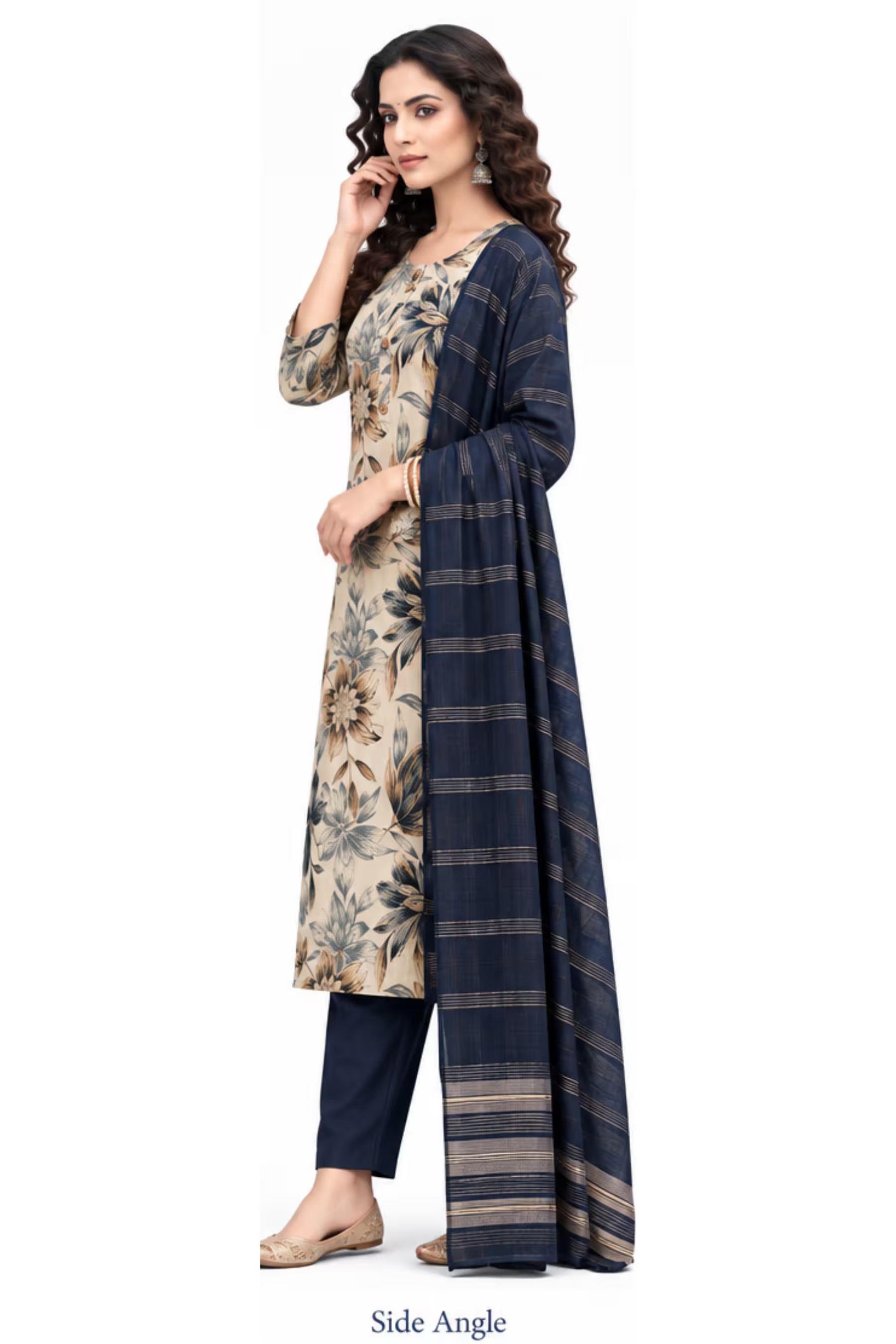 Cream Floral Printed Kurta with Navy Blue Pant & Striped Dupatta for Women Secondary image