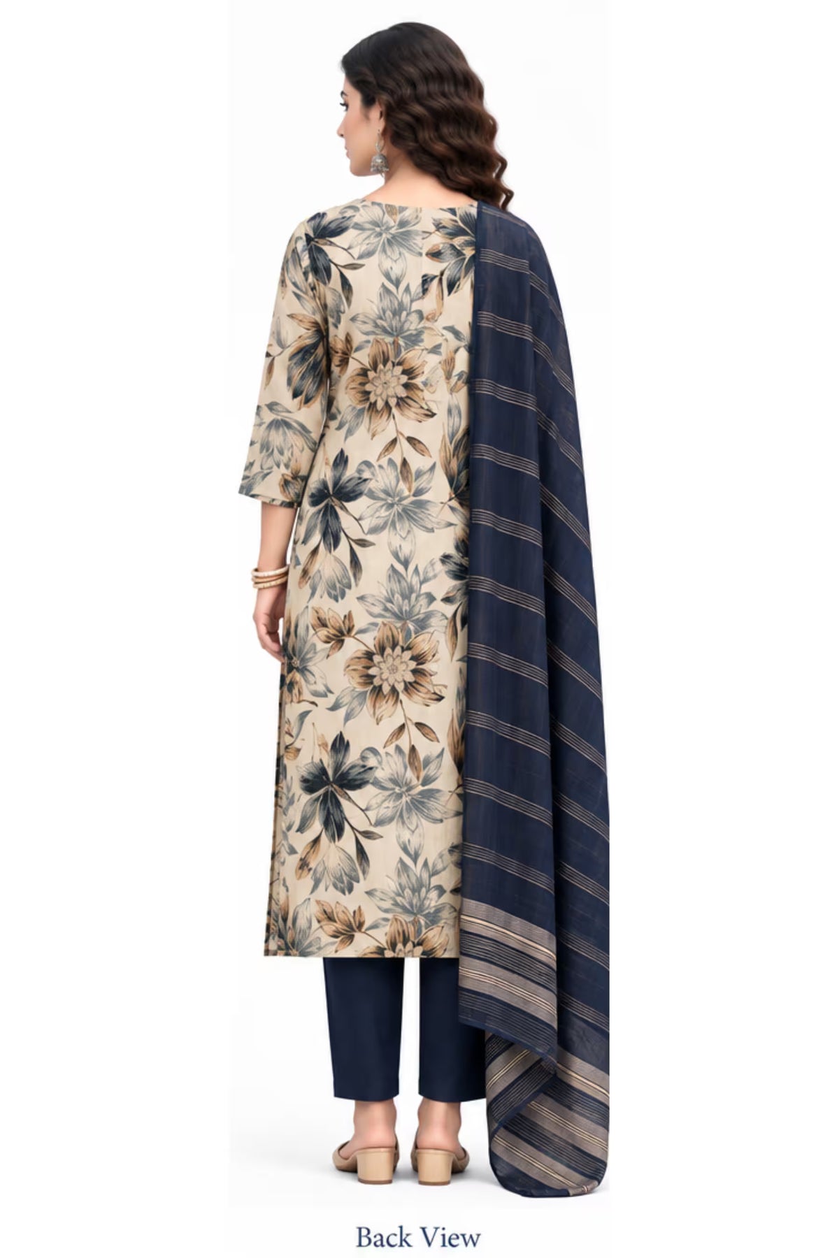 Back View - Cream Floral Printed Kurta with Navy Blue Pant & Striped Dupatta for Women | Bavis Clothing