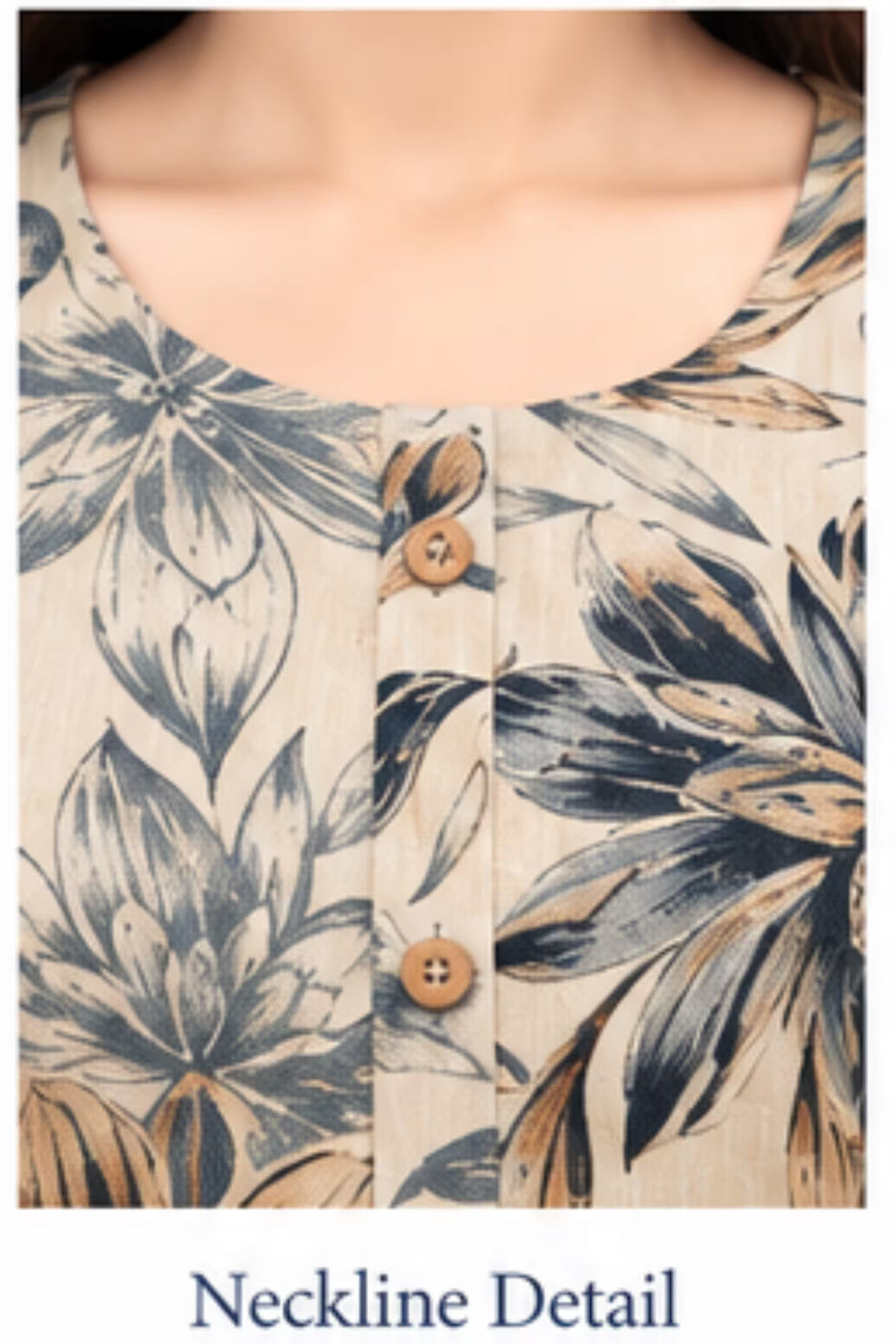 Neckline detail - Cream Floral Printed Kurta with Navy Blue Pant & Striped Dupatta for Women | Bavis Clothing
