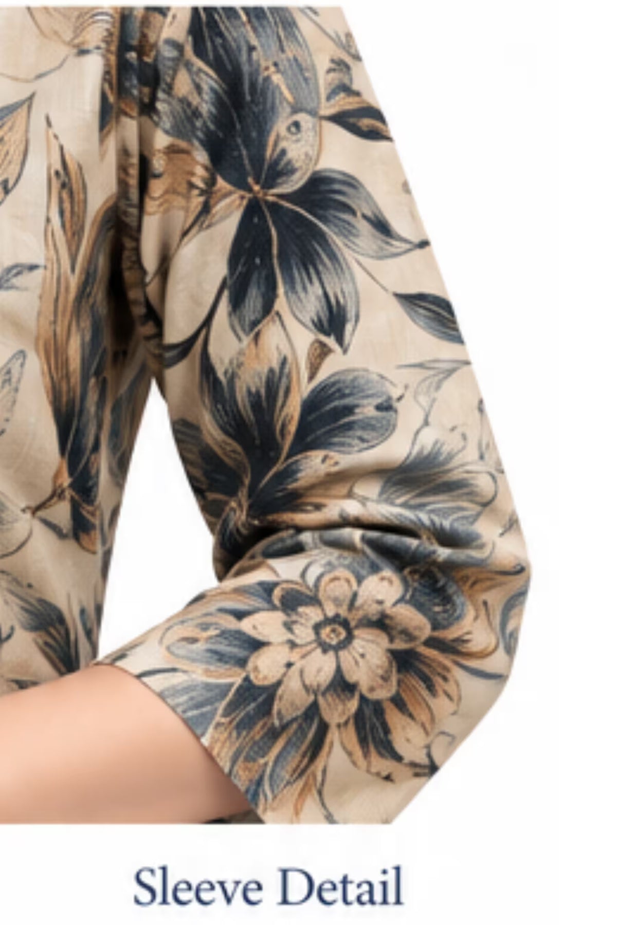 Sleeve Detail -Cream Floral Printed Kurta with Navy Blue Pant & Striped Dupatta for Women | Bavis Clothing