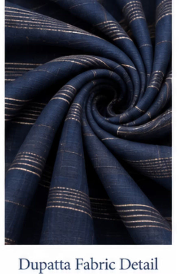 Dupatta Fabric Detail - Cream Floral Printed Kurta with Navy Blue Pant & Striped Dupatta for Women | Bavis Clothing