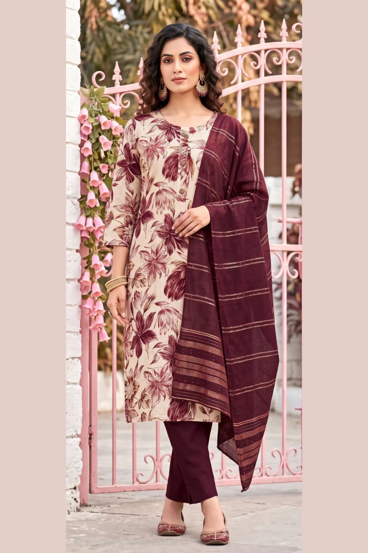 Cream Maroon Floral Kurta Pant Set with Striped Dupatta for Women | Bavis Clothing Main image