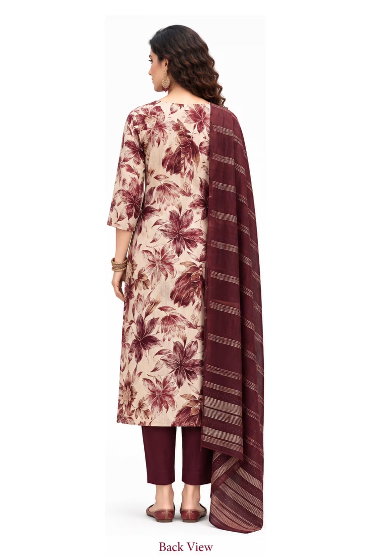 Back View - Cream Maroon Floral Kurta Pant Set with Striped Dupatta for Women | Bavis Clothing