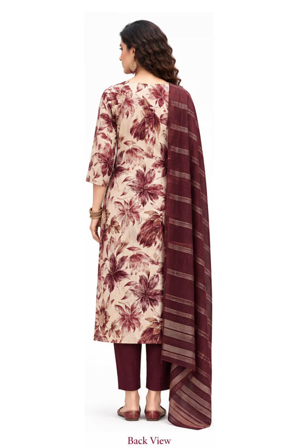 Back View - Cream Maroon Floral Kurta Pant Set with Striped Dupatta for Women | Bavis Clothing