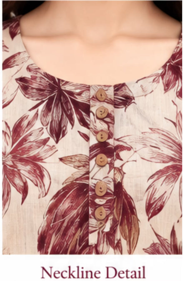 Neckline Detail - Cream Maroon Floral Kurta Pant Set with Striped Dupatta for Women | Bavis Clothing