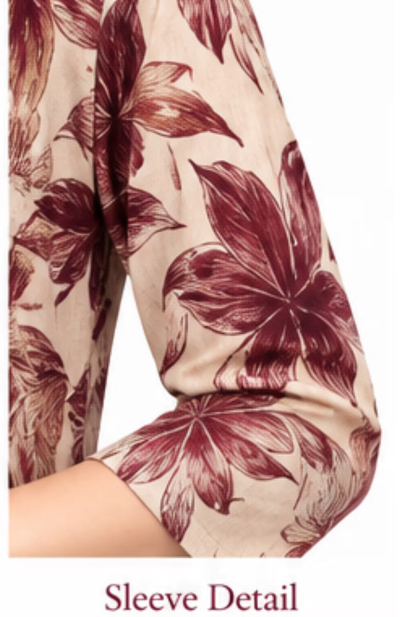 Sleeve Detail - Cream Maroon Floral Kurta Pant Set with Striped Dupatta for Women | Bavis Clothing