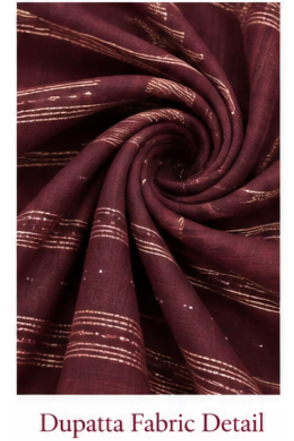 Dupatta Fabric Detail - Cream Maroon Floral Kurta Pant Set with Striped Dupatta for Women | Bavis Clothing