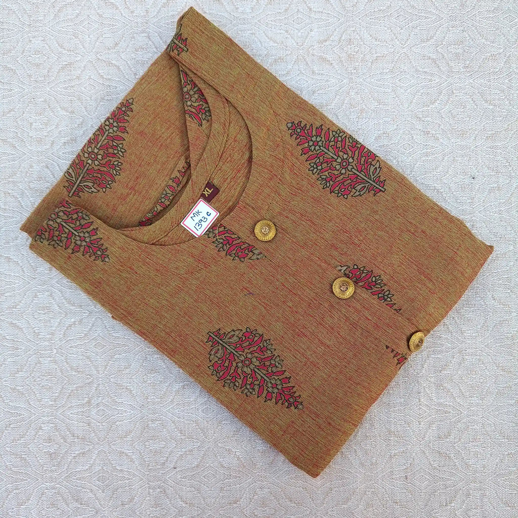 Dark Beige Block Print Long Ghera Kurti - MK1393C
