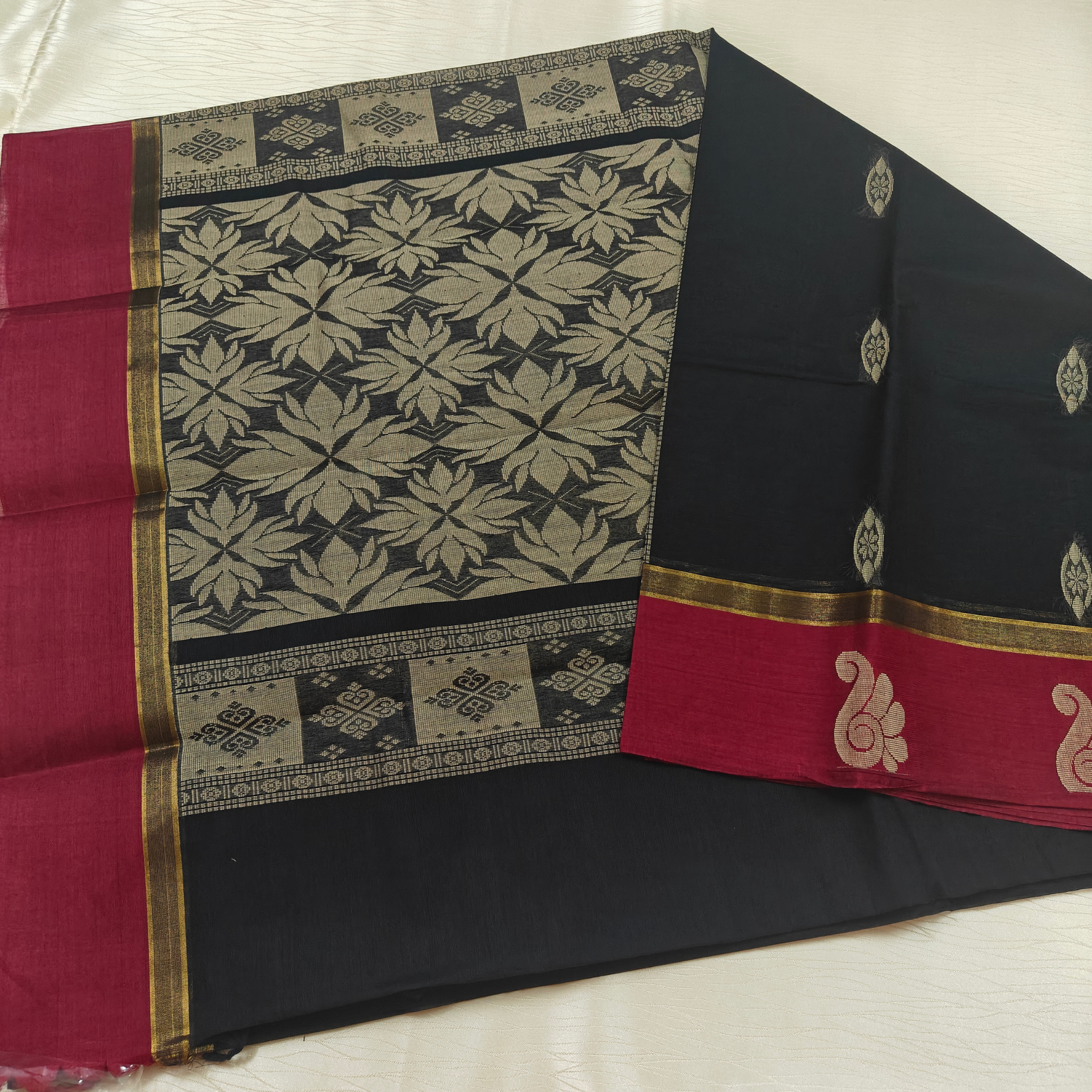 Dark Blue Cotton Saree with attached Blouse - CS03 Secondary image