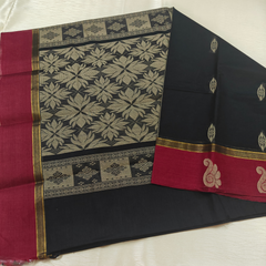 Dark Blue Cotton Saree with attached Blouse - CS03
