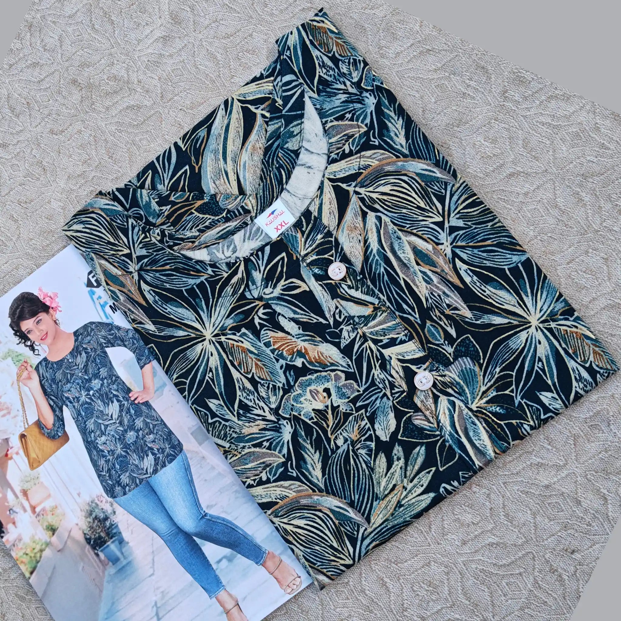 Dark Blue Floral Print Rayon Short Tops  With Fancy Buttons Main image