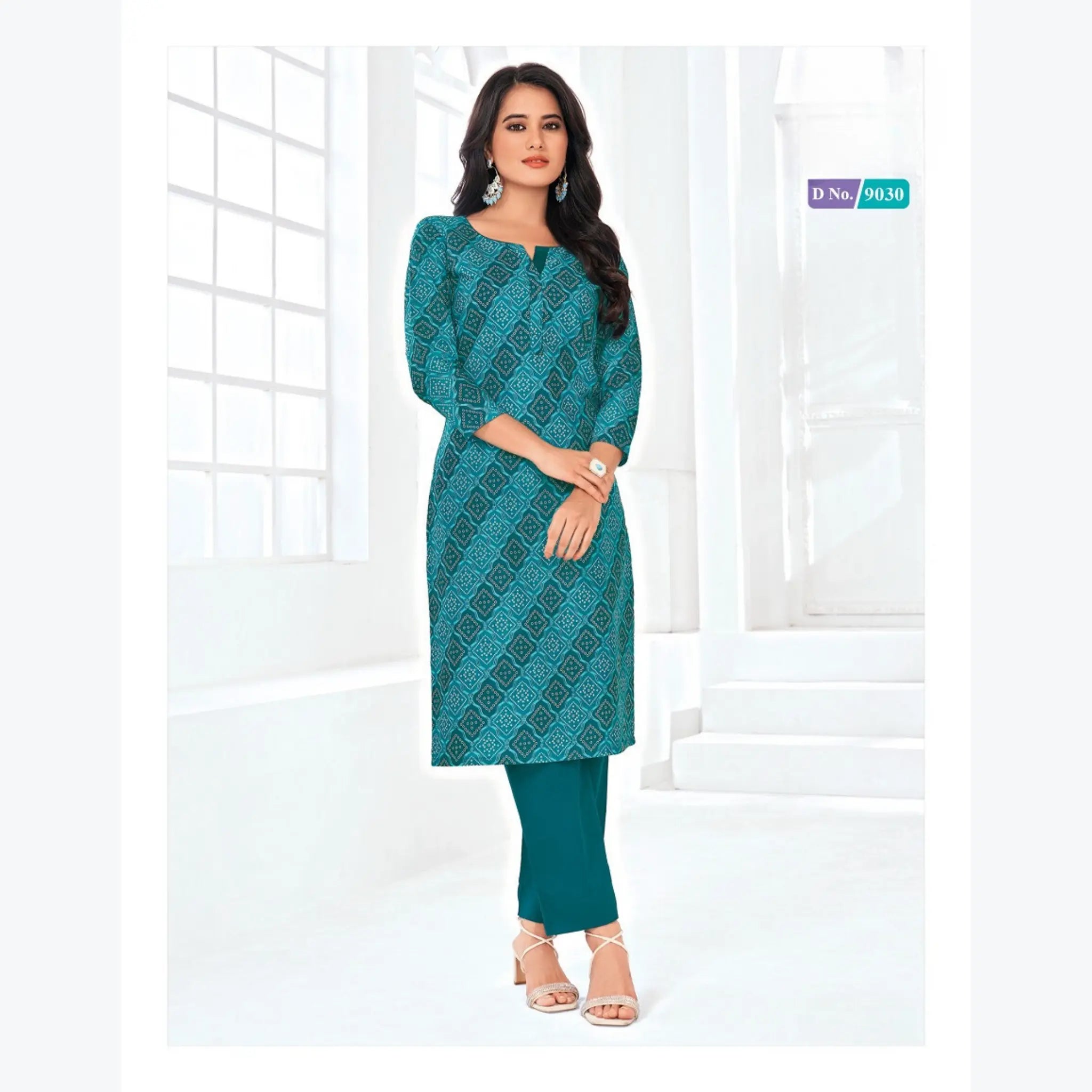 Dark Blue Green Bandani Print Cotton Kurti with Slit Neck Design Main image