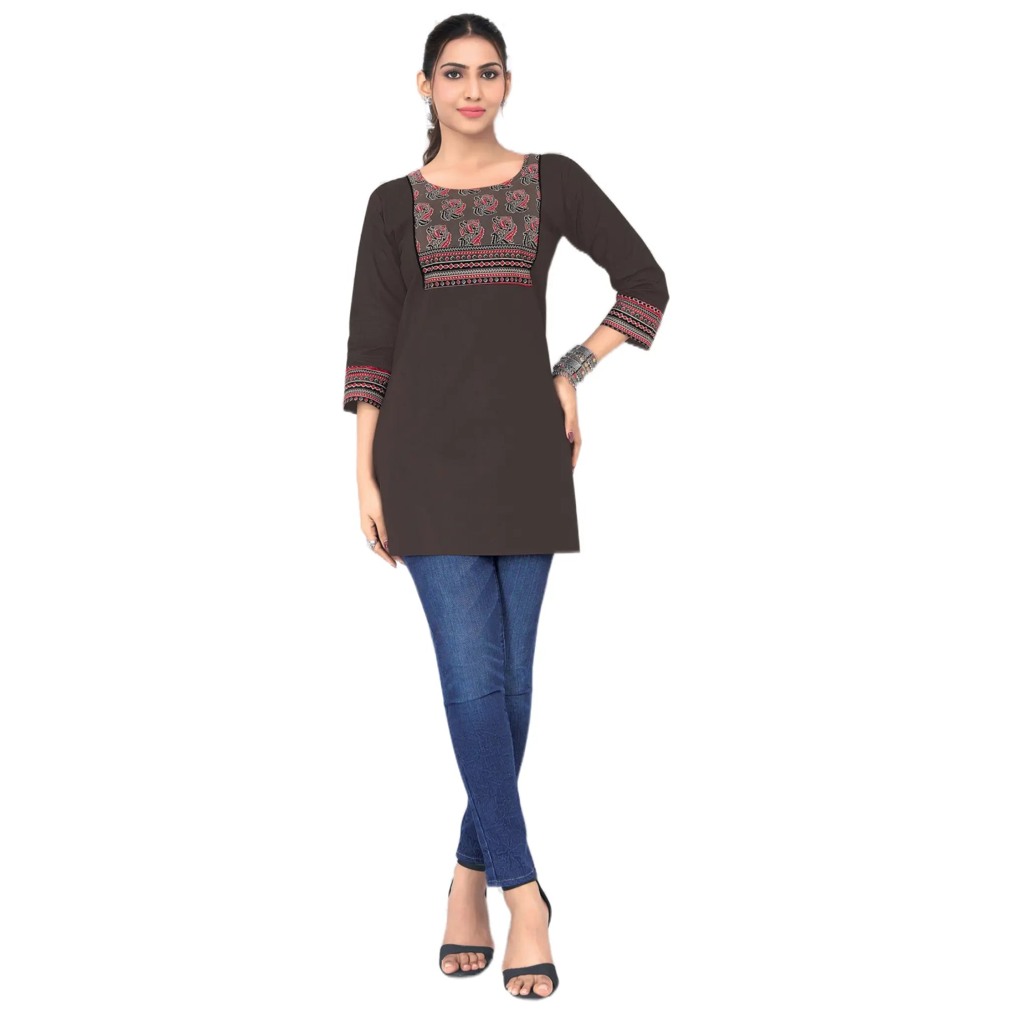 Dark Brown Cotton Short Top with Red Ethnic Printed Yoke