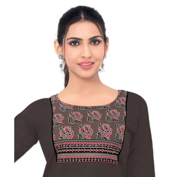 Dark Brown Cotton Short Top with Red Ethnic Printed Yoke