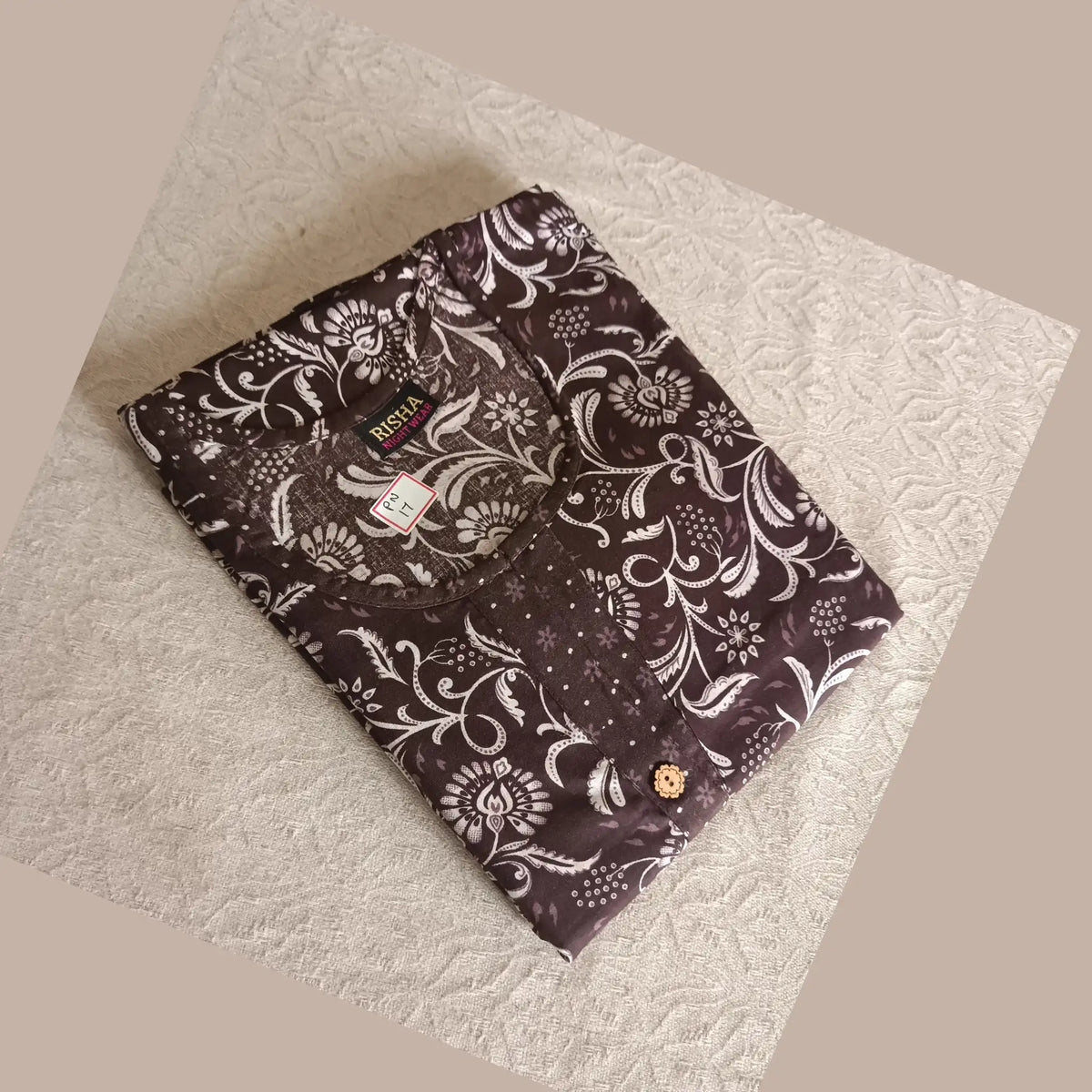 Dark Brown Pure Cotton Nighty with Fancy Button - PN17 Main image