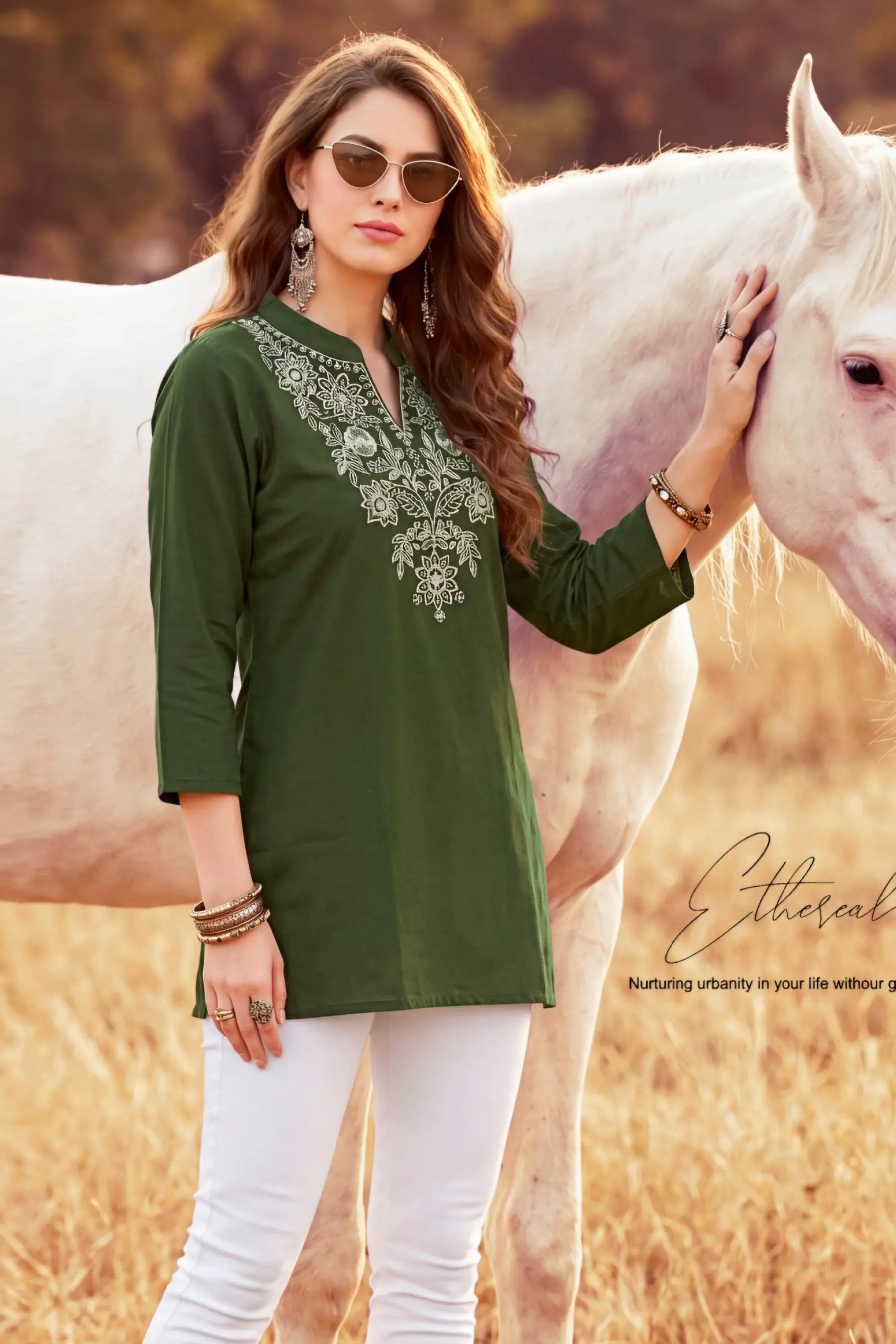 Dark Green Cotton Casual Short Top for Women Embroidered Tunic Main image