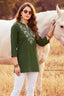 Dark Green Cotton Casual Short Top for Women Embroidered Tunic