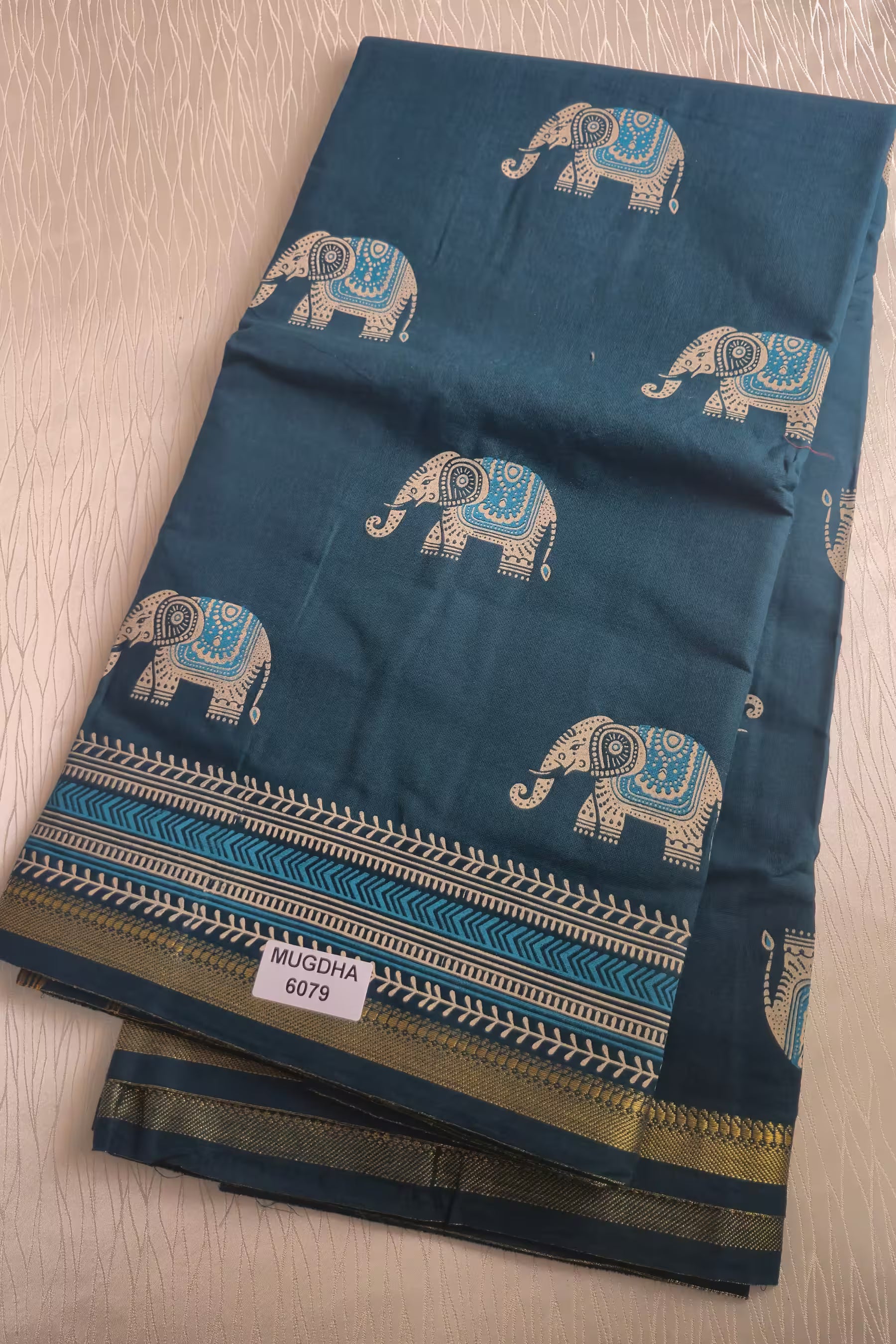 Dark Green Elephant Print Cotton Saree with Plain Blouse  Soft Daily Wear Saree for Women