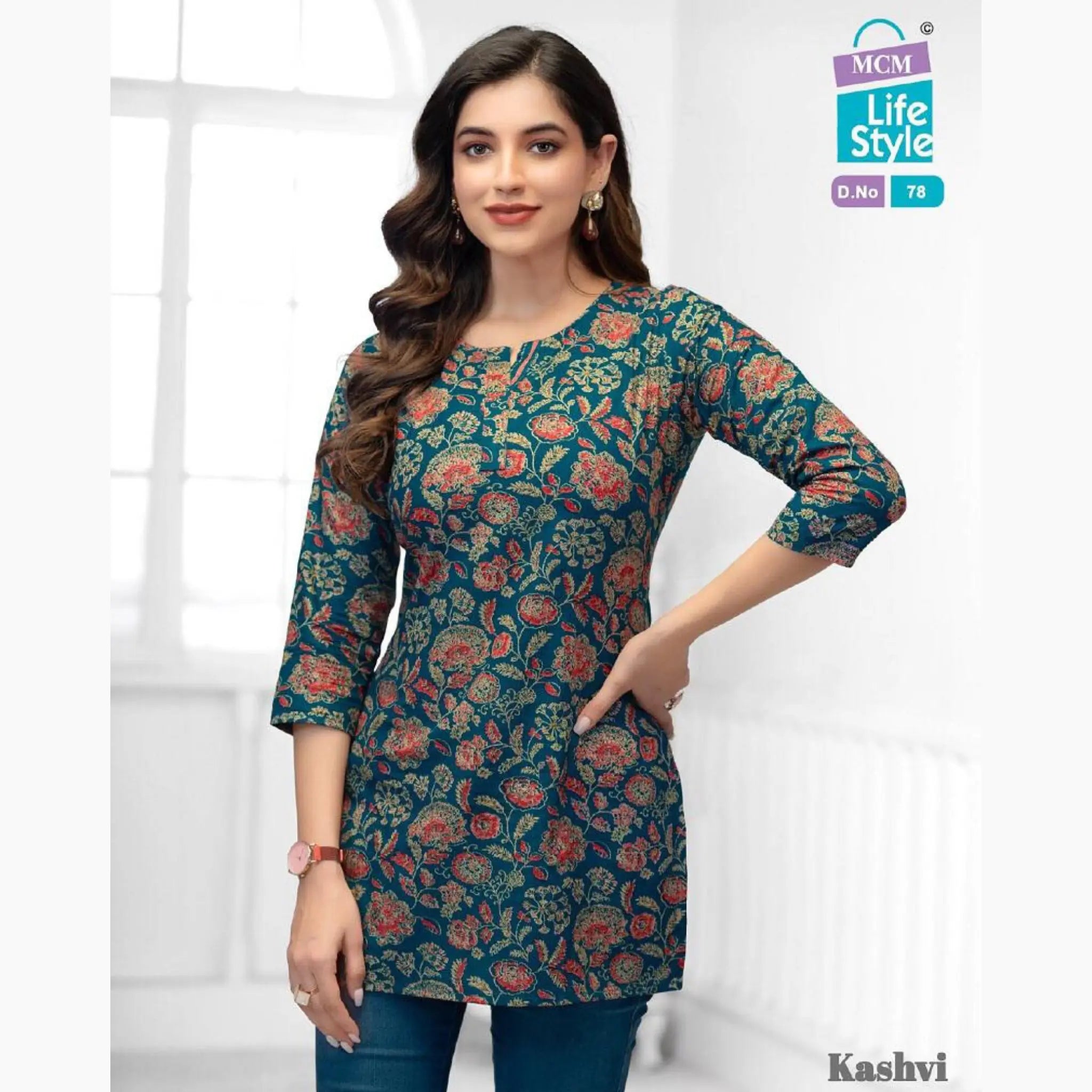 MCM Kashvi Dark Teal Floral Print Short Tops  Main image