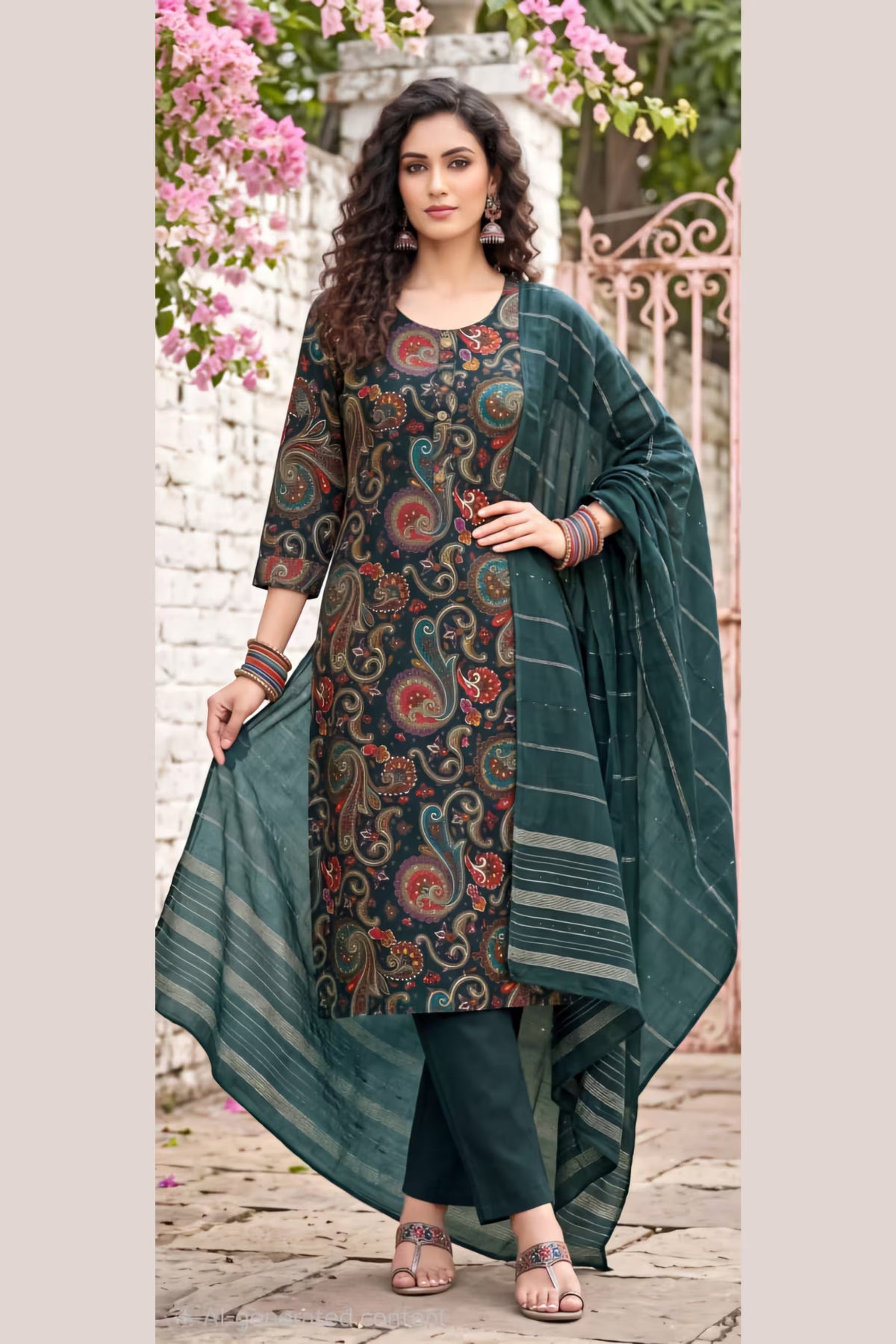 Dark Teal Printed Vertican Kurta Pant Set with Chanderi Sequin Dupatta | Bavis Clothing Main image
