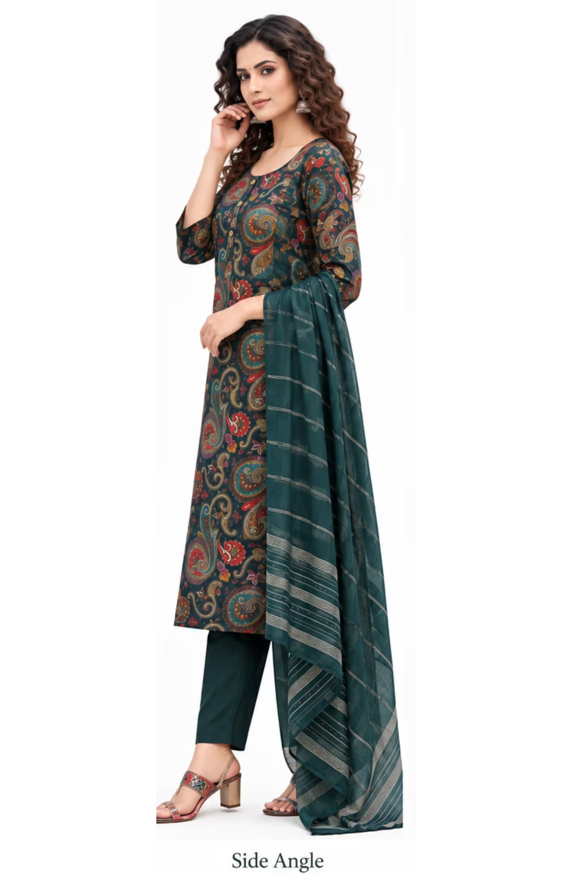 Side Angle - Dark Teal Printed Vertican Kurta Pant Set with Chanderi Sequin Dupatta | Bavis Clothing