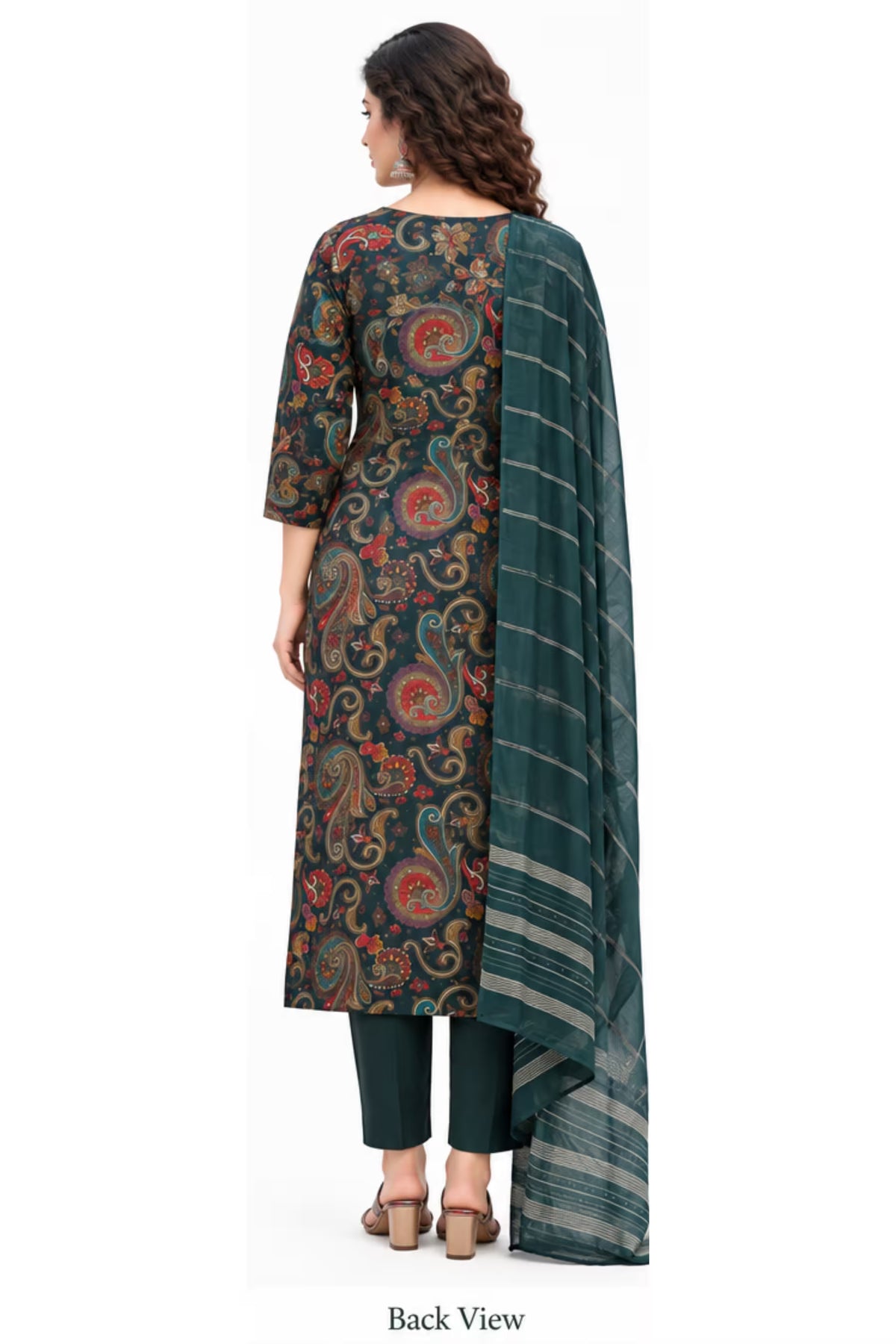 Back View - Dark Teal Printed Vertican Kurta Pant Set with Chanderi Sequin Dupatta | Bavis Clothing