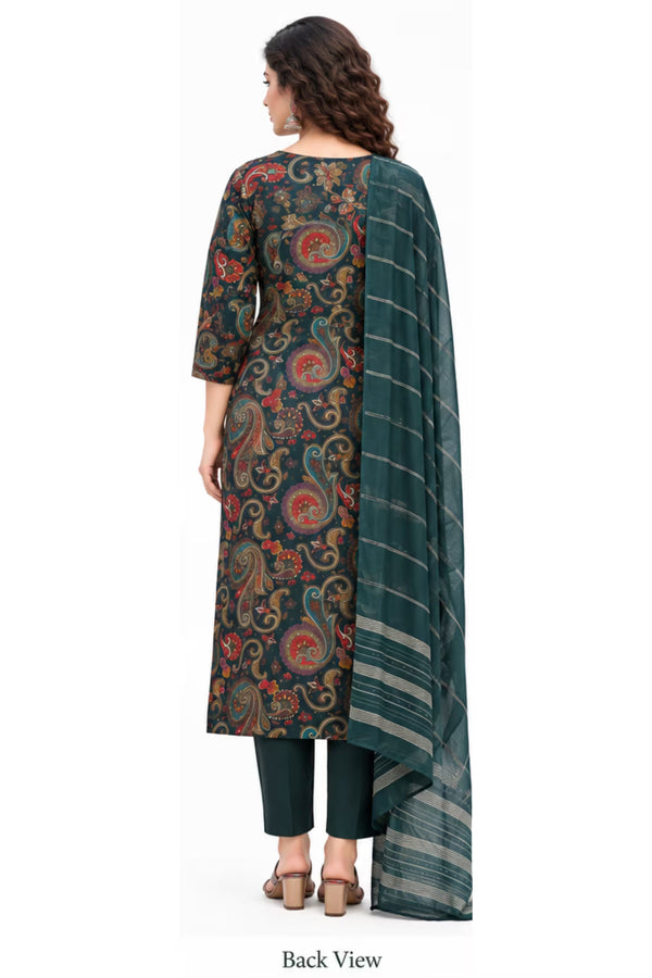 Back View - Dark Teal Printed Vertican Kurta Pant Set with Chanderi Sequin Dupatta | Bavis Clothing