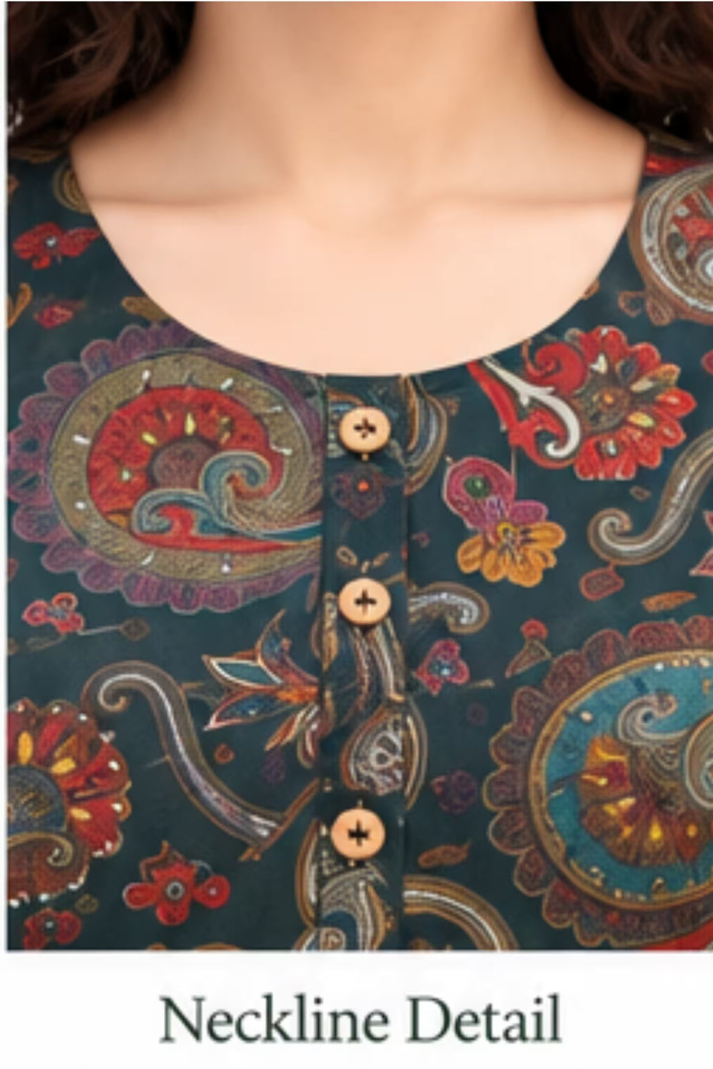 Neckline Detail - Dark Teal Printed Vertican Kurta Pant Set with Chanderi Sequin Dupatta | Bavis Clothing