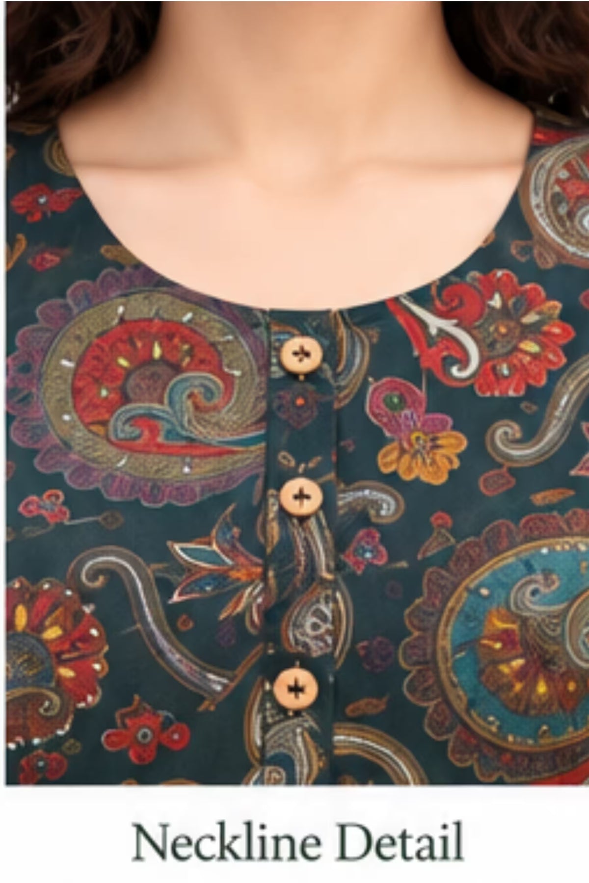 Neckline Detail - Dark Teal Printed Vertican Kurta Pant Set with Chanderi Sequin Dupatta | Bavis Clothing
