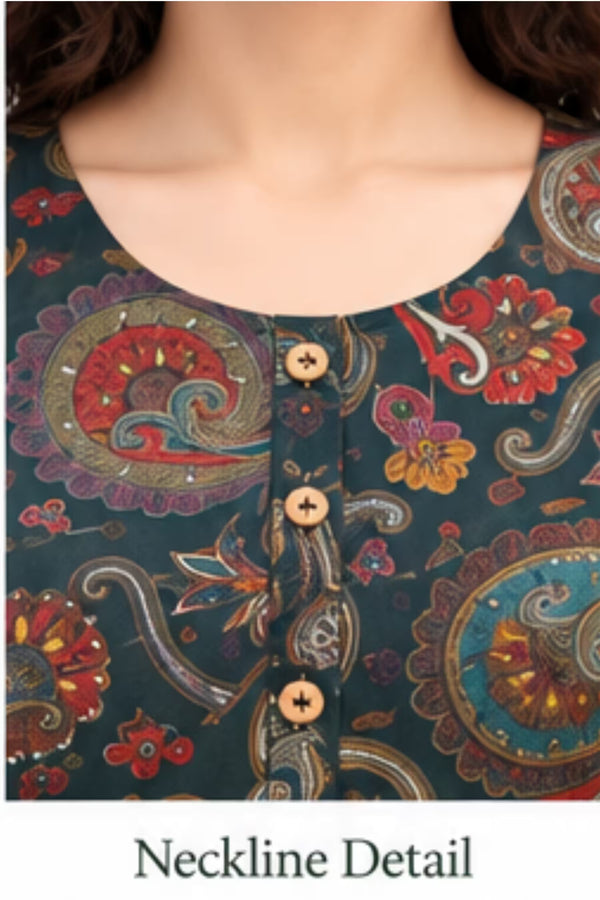 Neckline Detail - Dark Teal Printed Vertican Kurta Pant Set with Chanderi Sequin Dupatta | Bavis Clothing