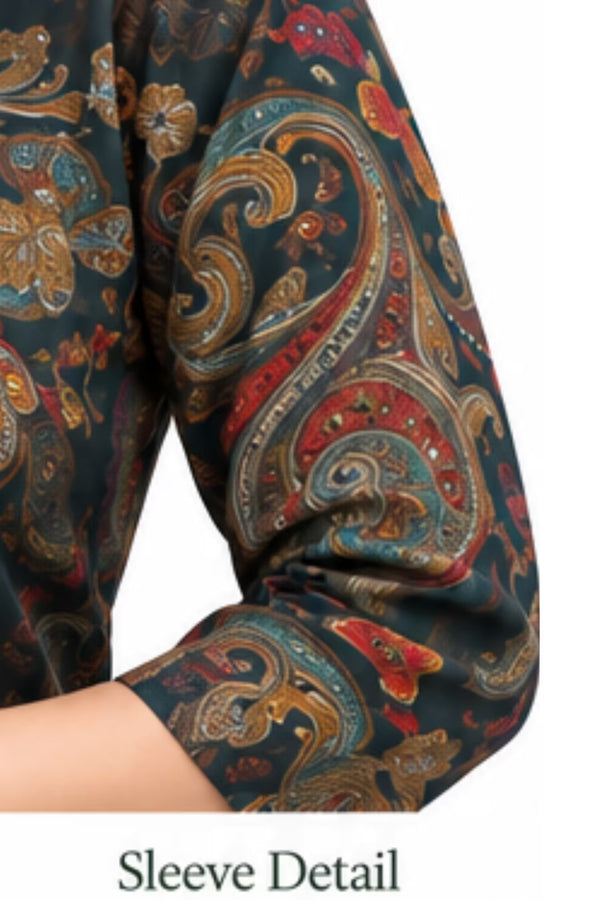 Sleeve Detail - Dark Teal Printed Vertican Kurta Pant Set with Chanderi Sequin Dupatta | Bavis Clothing