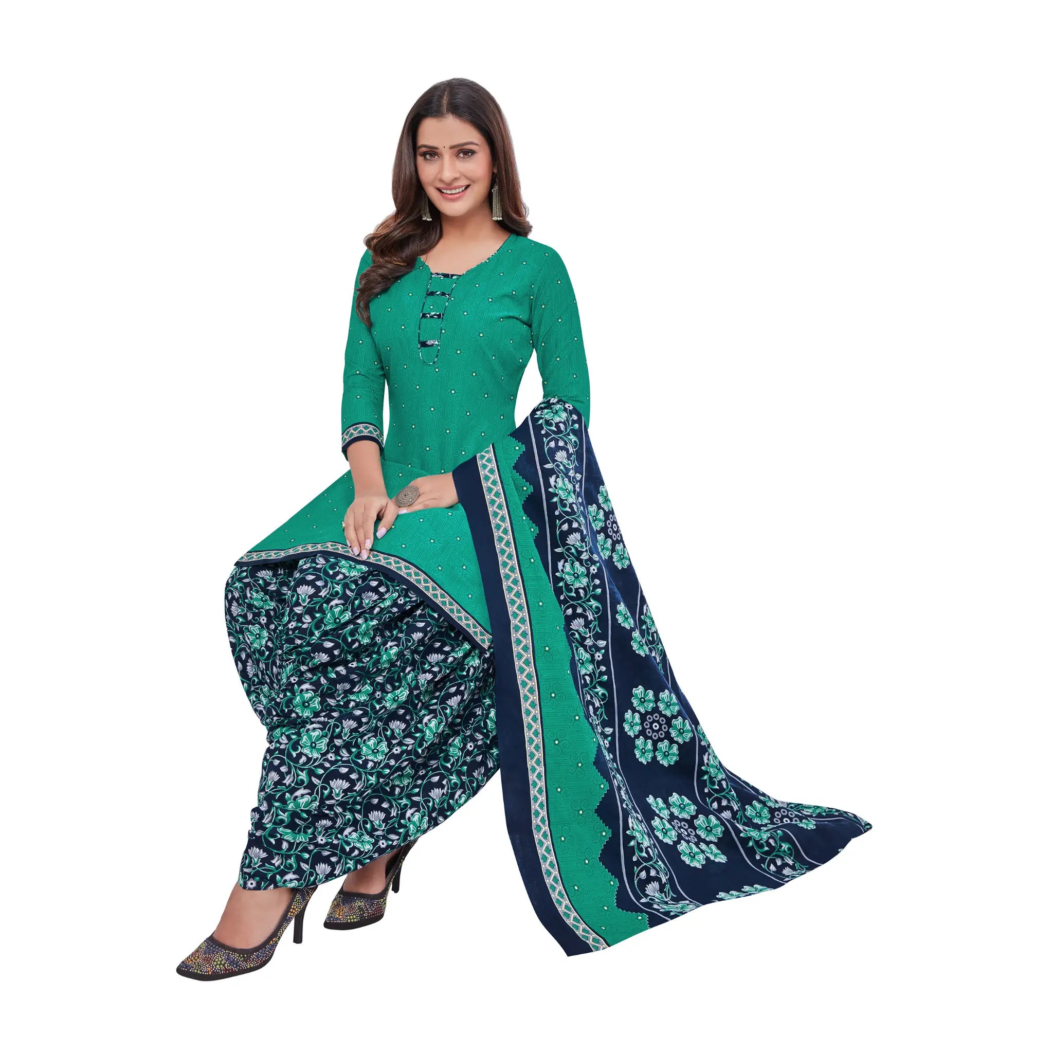 Deep Aqua Green Top with Blue Floral Bottom and Dupatta Premium Cotton Patiyala Dress.