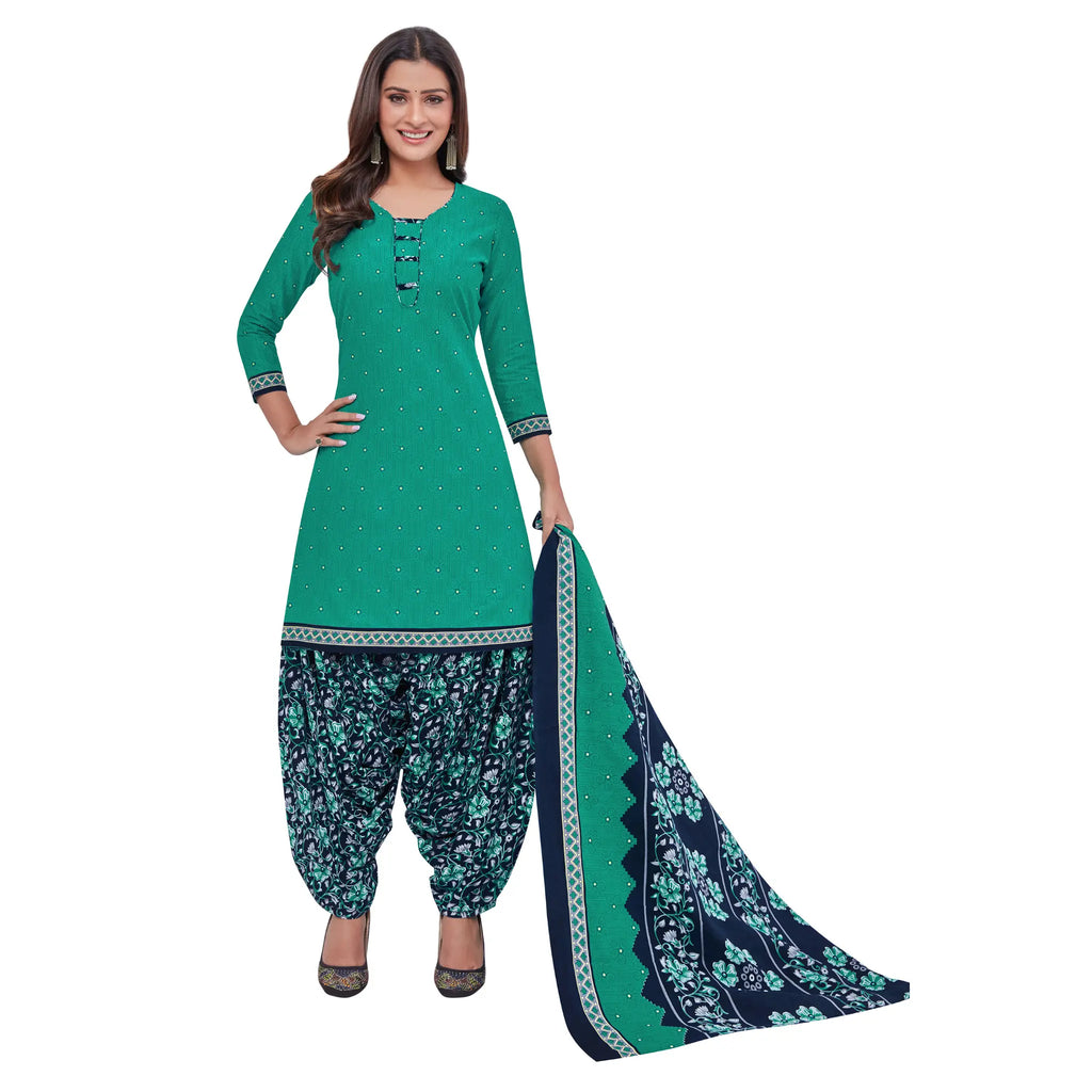 Deep Aqua Green Top with Blue Floral Bottom and Dupatta Premium Cotton Patiyala Dress.