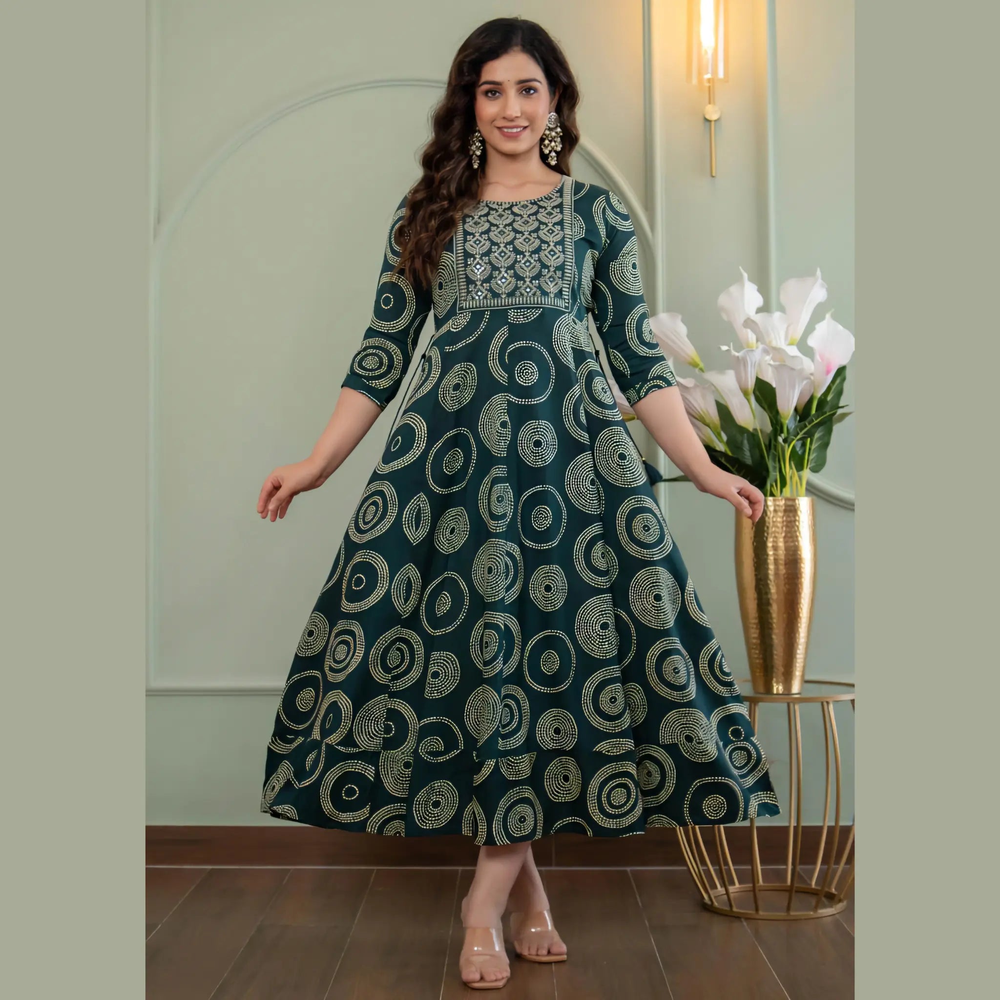 Deep Green Ethnic Printed Anarkali Kurti for Women _ Traditional Circular Prints Main image