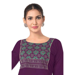 Deep Purple Cotton Short Top with Geometric Ethnic Yoke Print