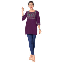 Deep Purple Cotton Short Top with Geometric Ethnic Yoke Print