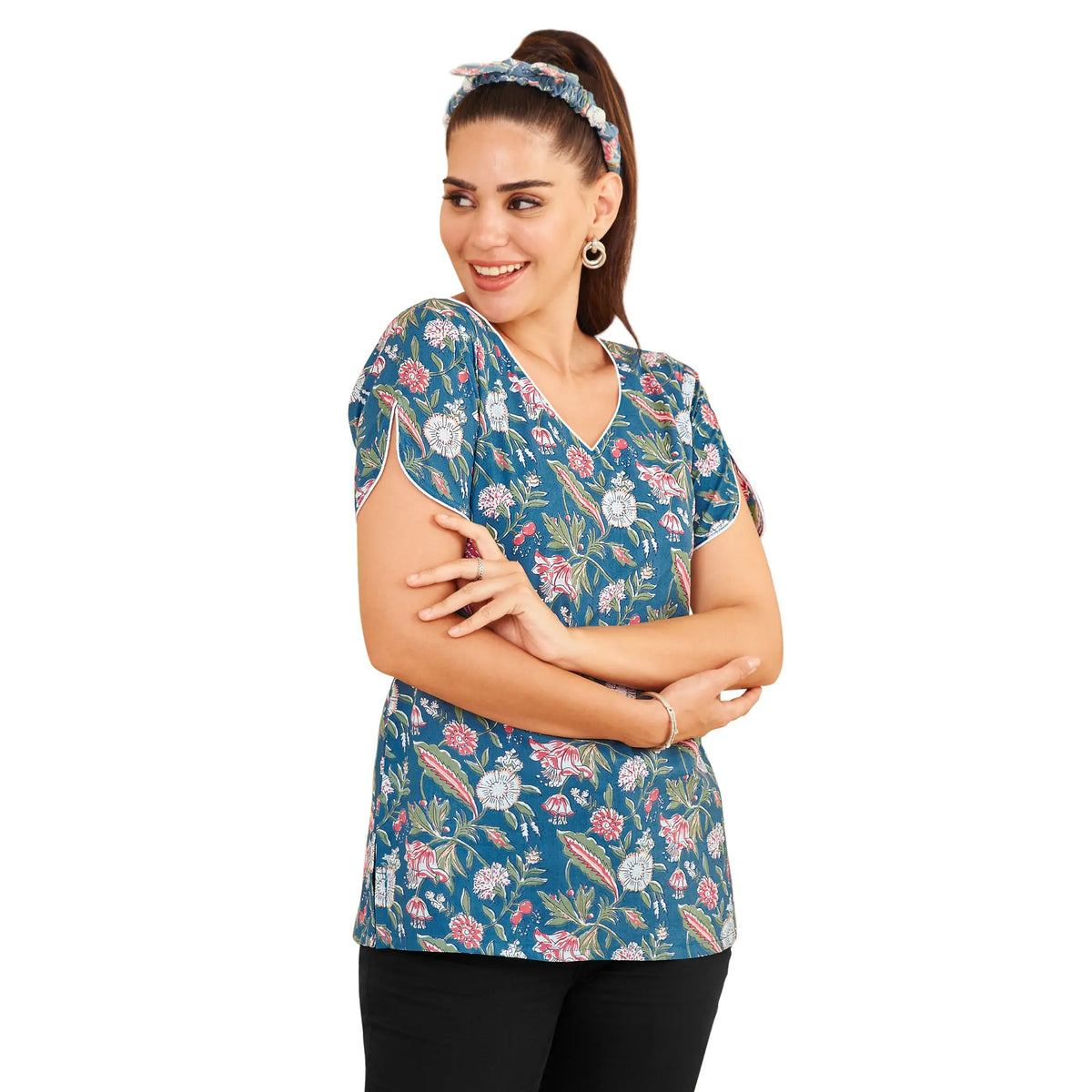 Denim Blue Floral Print Casual Short Tops Main image