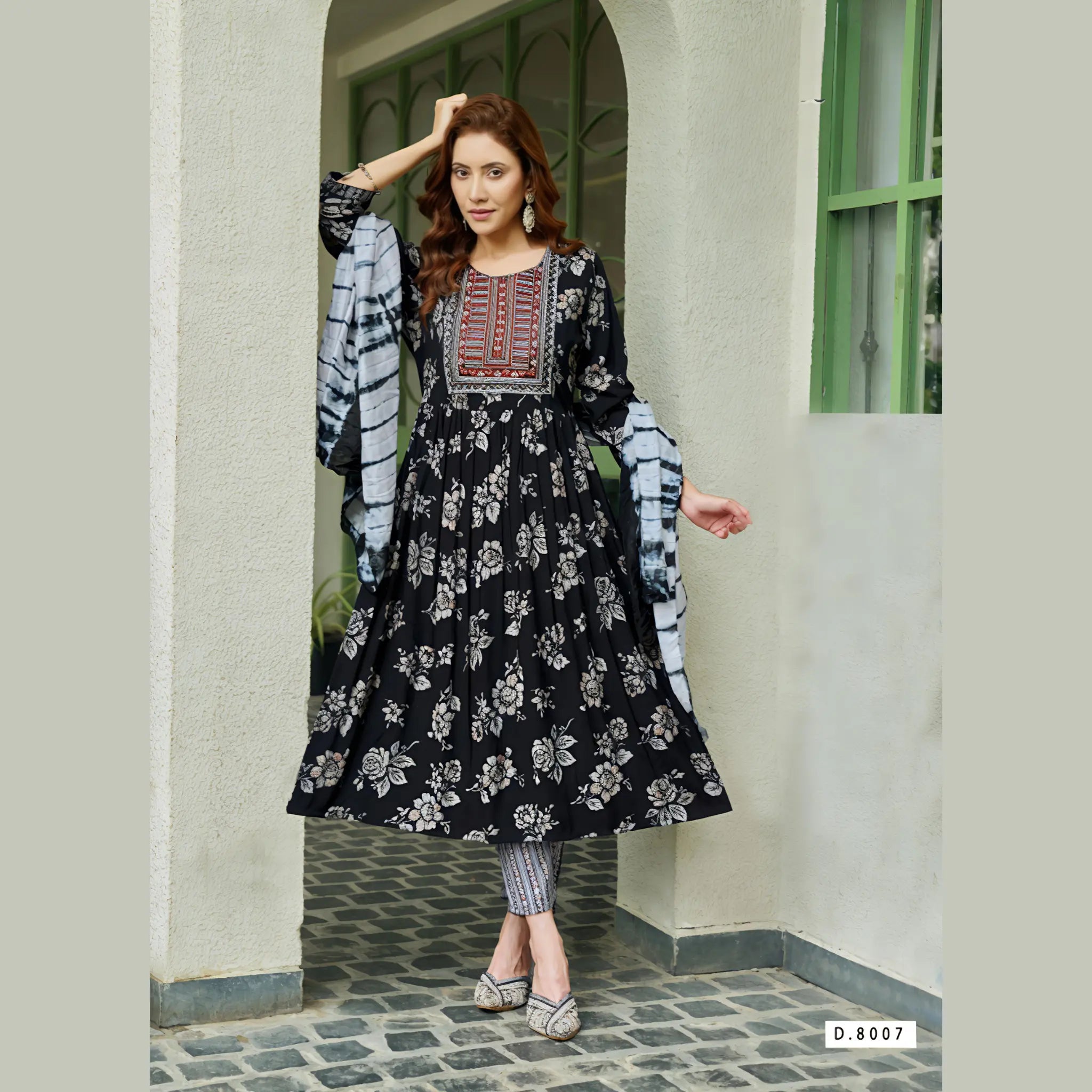 Designer Rayon Umbrella Kurti with Foil Print Pants & Dupatta MP8007 Main image