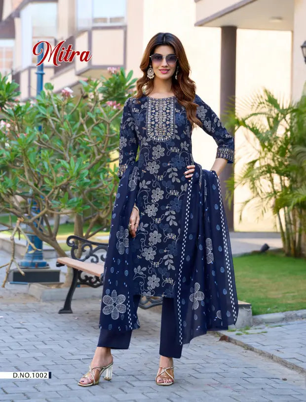 Elegant Navy Blue Kurti Pant Dupatta Set for Office & Daily Wear - Mitra1002 Main image