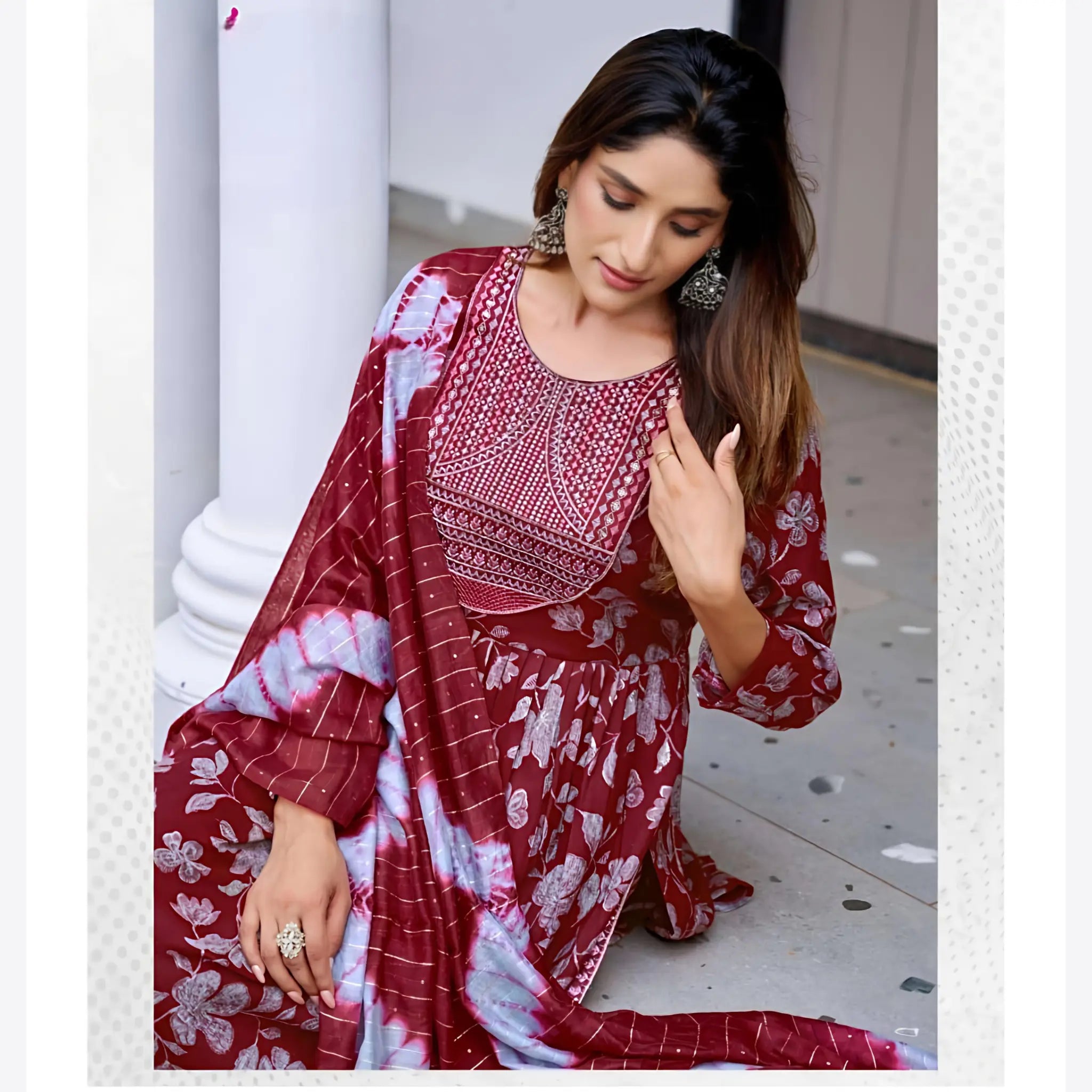 Elegant Nyra Cut Rayon Capsule Suit with Foil Print & Sequence Dupatta