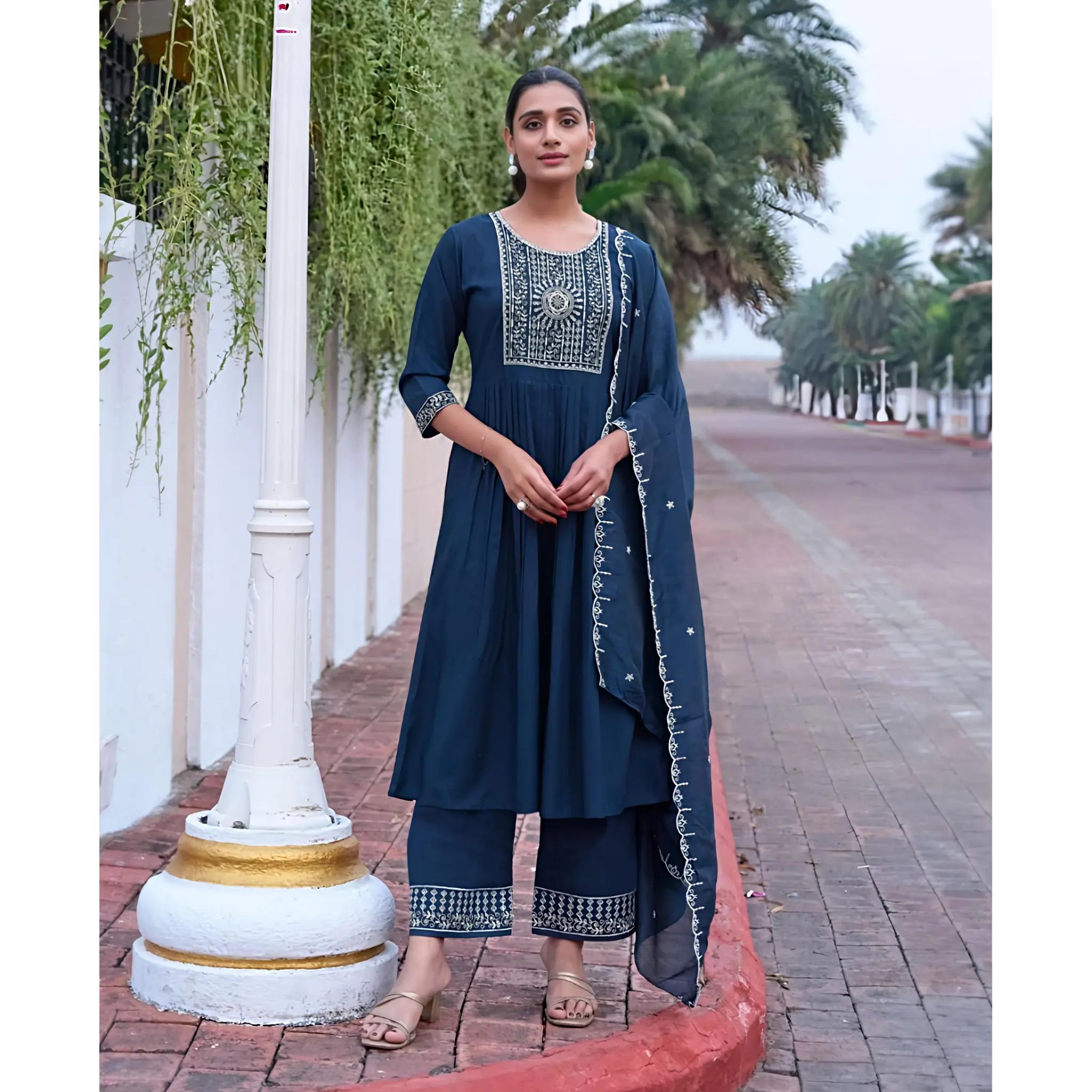 Elite Italian Viscose Embroidered Suit Set with Chanderi Arqa Dupatta Main image