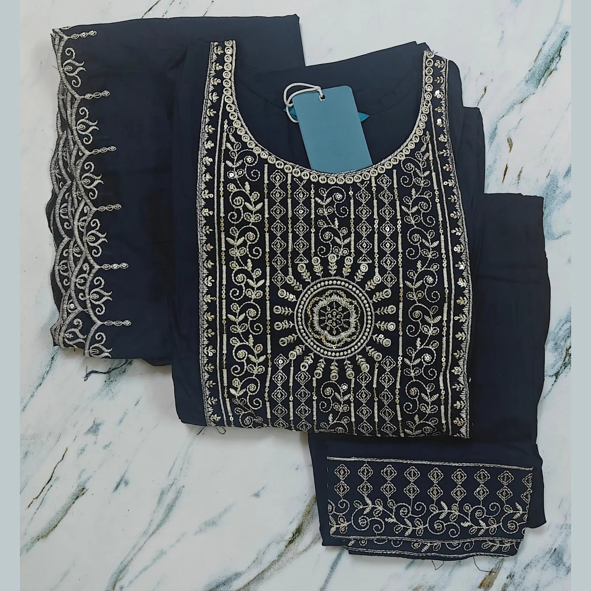 Elite Italian Viscose Embroidered Suit Set with Chanderi Arqa Dupatta