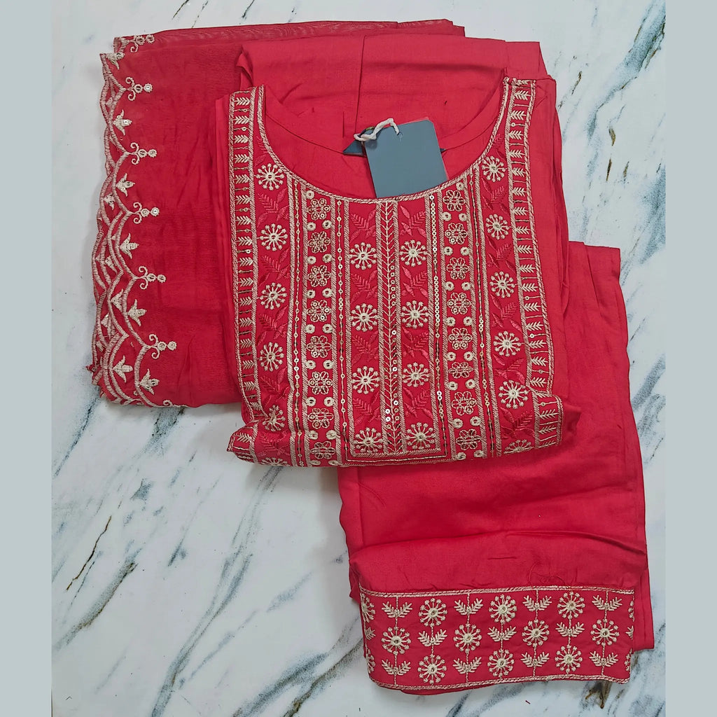 Exclusive Italian Viscose Embroidered Suit Set with Butta Chanderi Dupatta