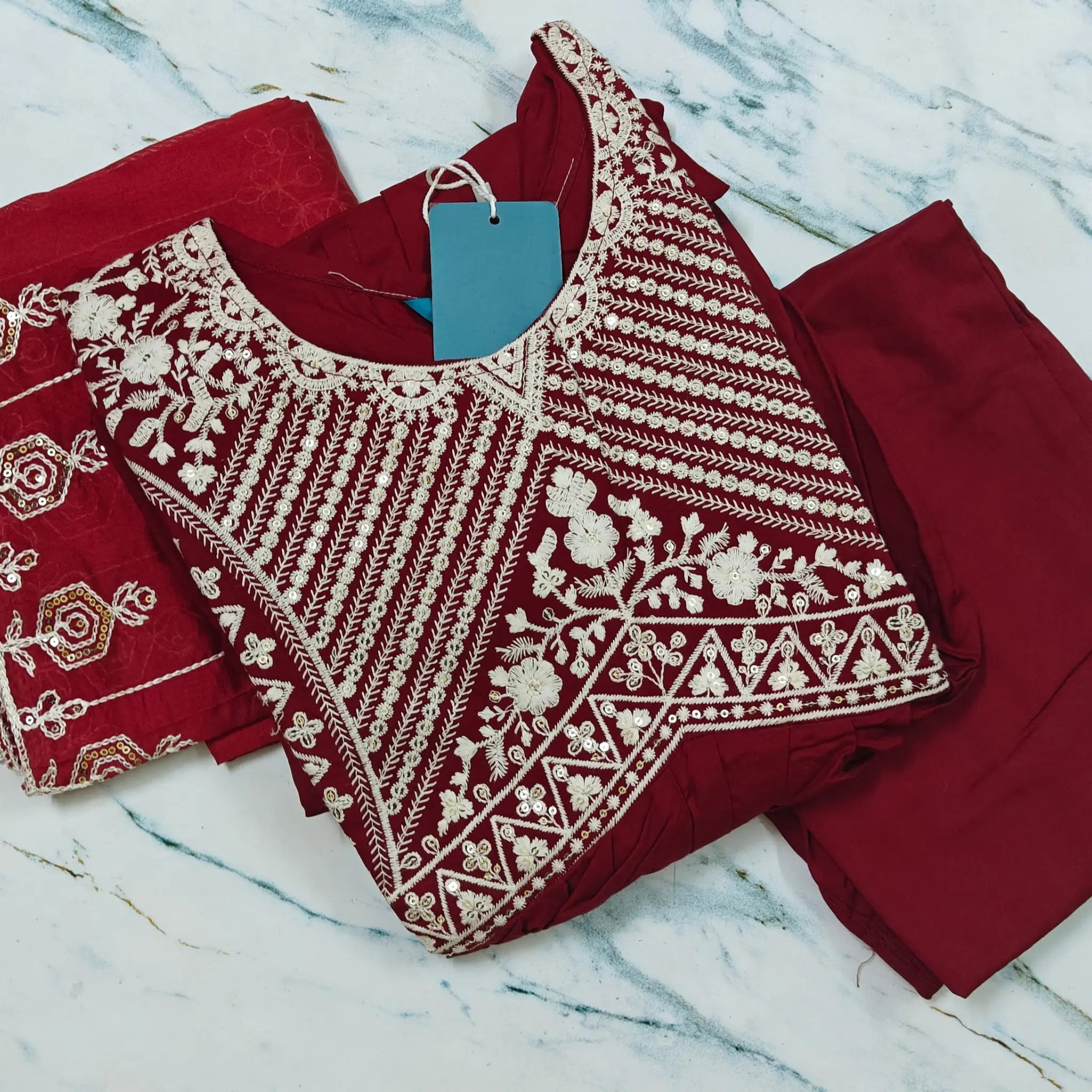 Festive Wear Viscose Embroidered Suit Set with Pocketed Pants & Chanderi Cotton Dupatta - MG1008