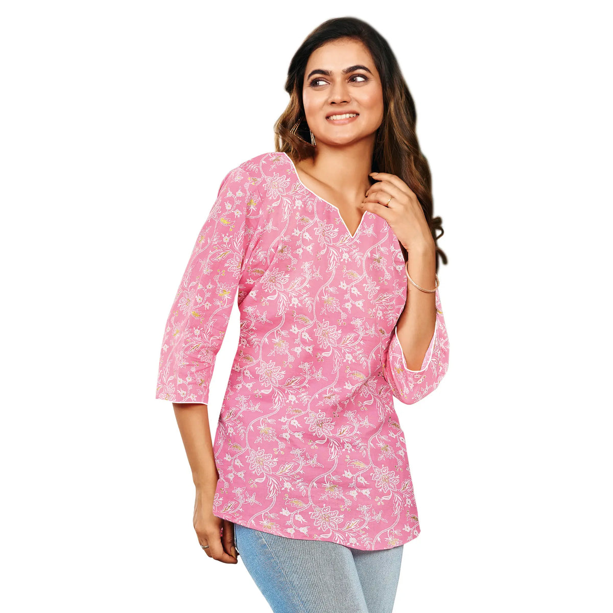 Flamingo Pink Floral Print Casual Short Tops Main image