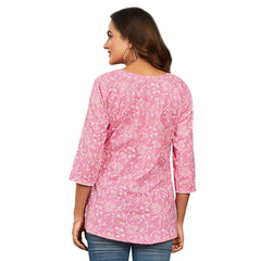 Flamingo Pink Floral Print Casual Short Tops