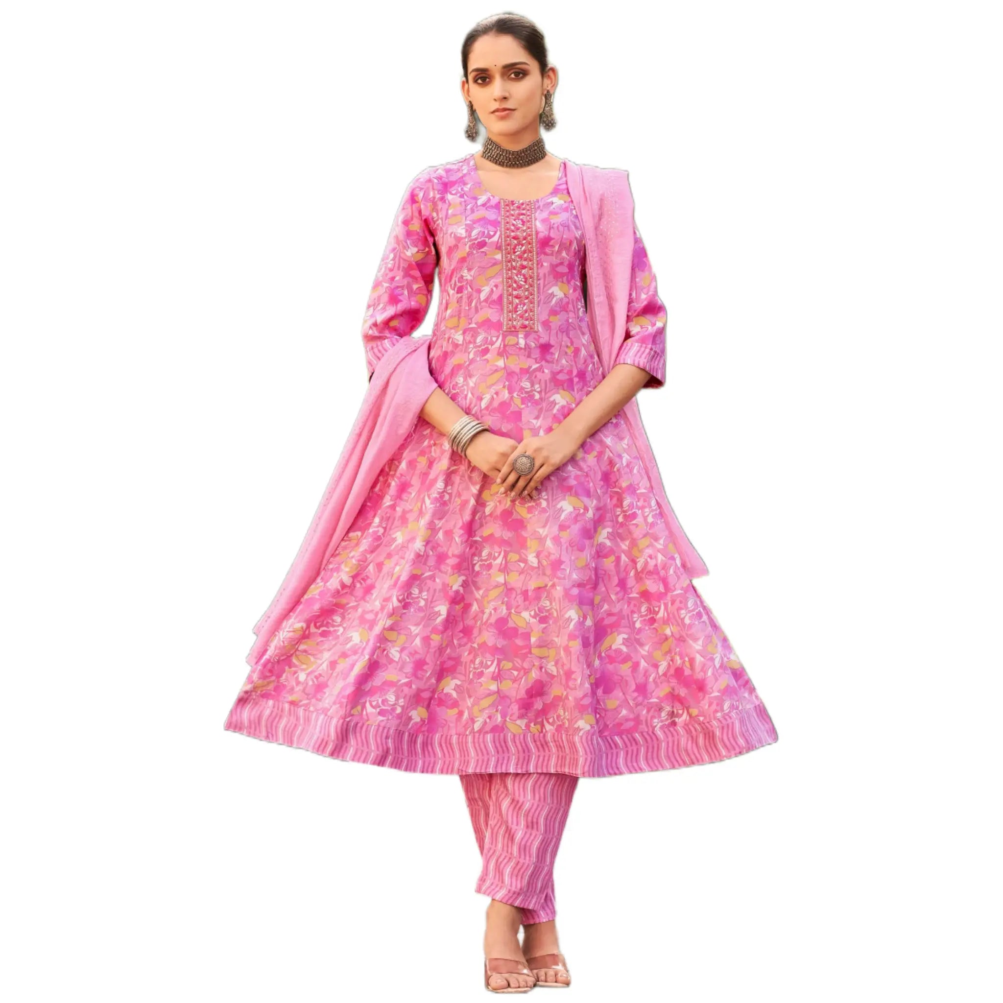 Floral Charm Pink Anarkali Set with Hand-Style Neck Embroidery Main image